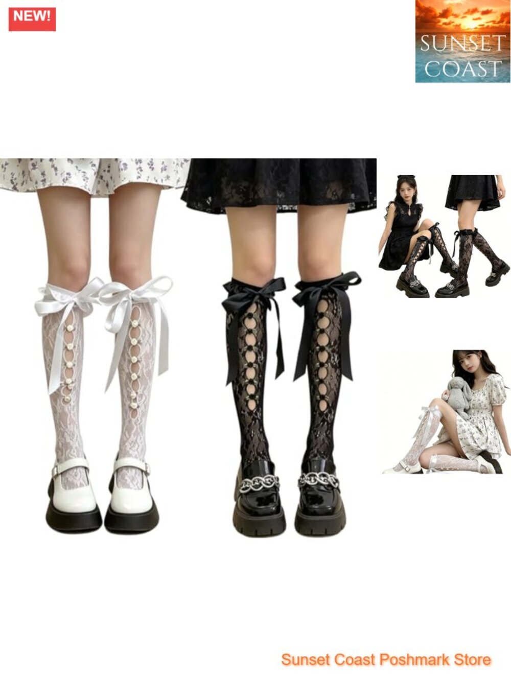 Lace Knee High Socks Bowknot Fishnet Mesh Nylon Lolita Cosplay Women